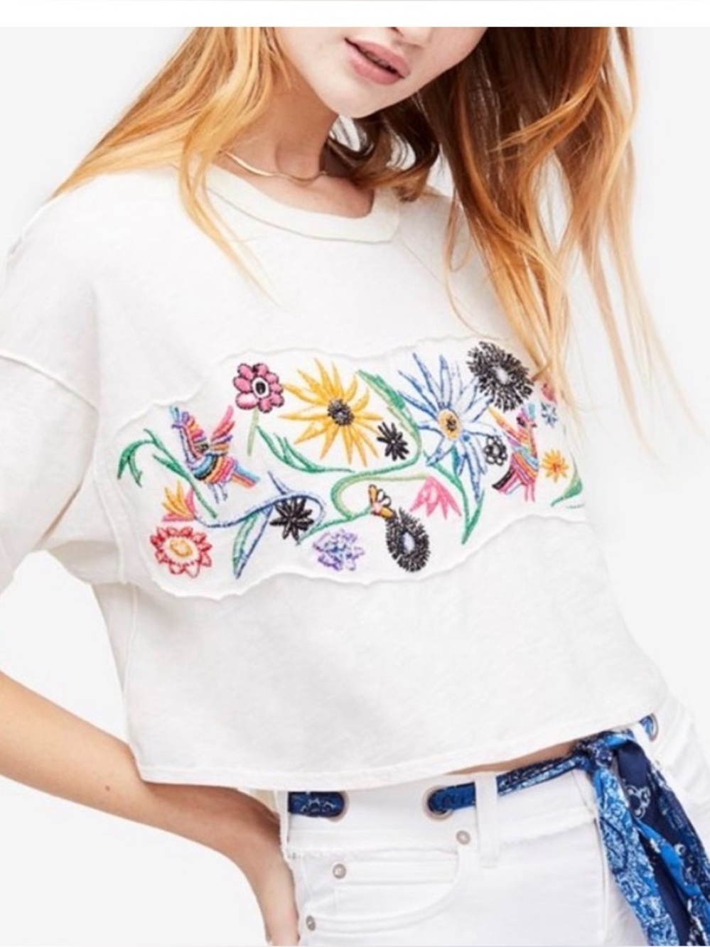 FREE PEOPLE | WE THE FREE Garden Time Backless Embroidered Open Back Tee | M